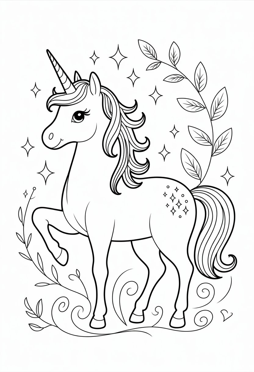 Coloring Pages Cute Ideas for Kids: 21 Engaging Designs to Inspire Creativity 27 A magical unicorn standing with a flowing mane and tail surrounded by stars and flowers.